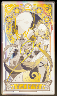 Image of a taro card with a dressmaker that has been inspired via historical Greco-Roman art.