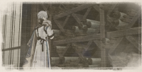  A young silver-haired man stares at a shelf full of scrolls.