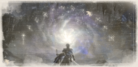 A young man stands gazing up a circle of constellations in the sky.