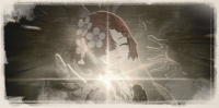 Image of one of the red-haired girls. She has one eye covered by her hair. She's smiling, seemingly saying goodbye.