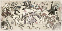 An image of a children's drawing done by the three red-haired girls with all her friends.