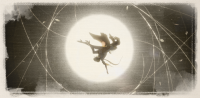 Image of the elegant woman flying through the sky, attacking with her golden threads. A moon illuminates her darkened profile.